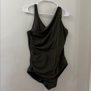 Miracle Suit - Olive One-Shoulder Draped Swimsuit - large - mesh cut out